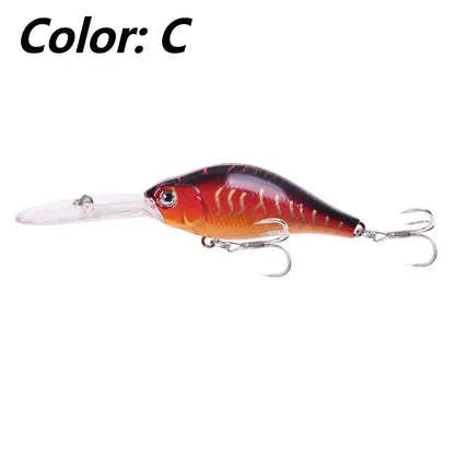 Deep diving fishing lure with long lip, 10.5cm length, in assorted colour patterns