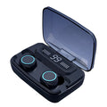 Black M11 style wireless Bluetooth headset with digital display and IPX7 waterproof rating.