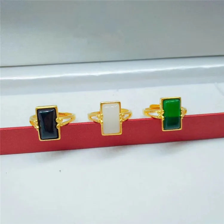 Adjustable national style brass gold-plated ring with gemstone inlay in black, green or white options