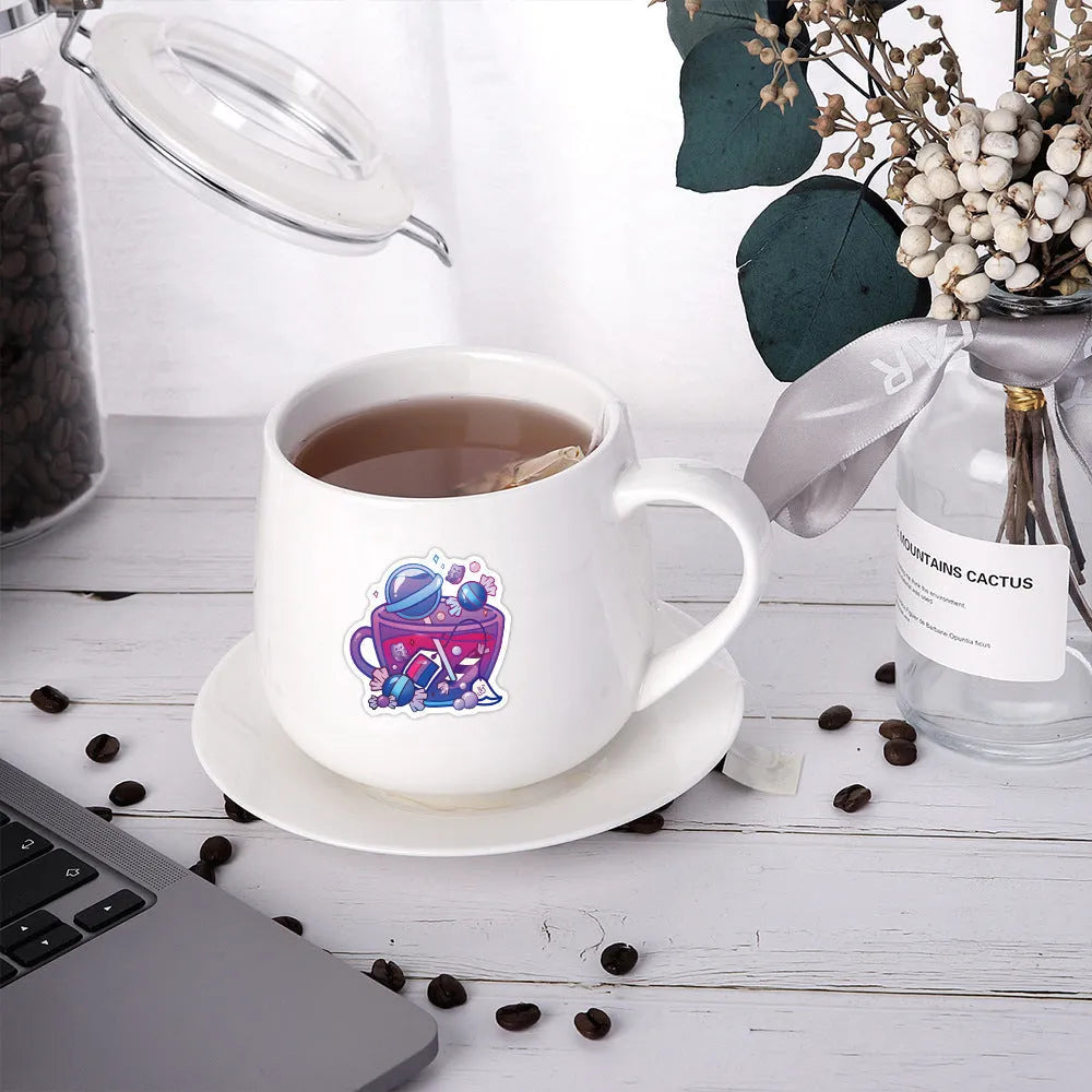 Set of 50 colourful tea cup waterproof stickers with graffiti design for scooter and luggage personalisation