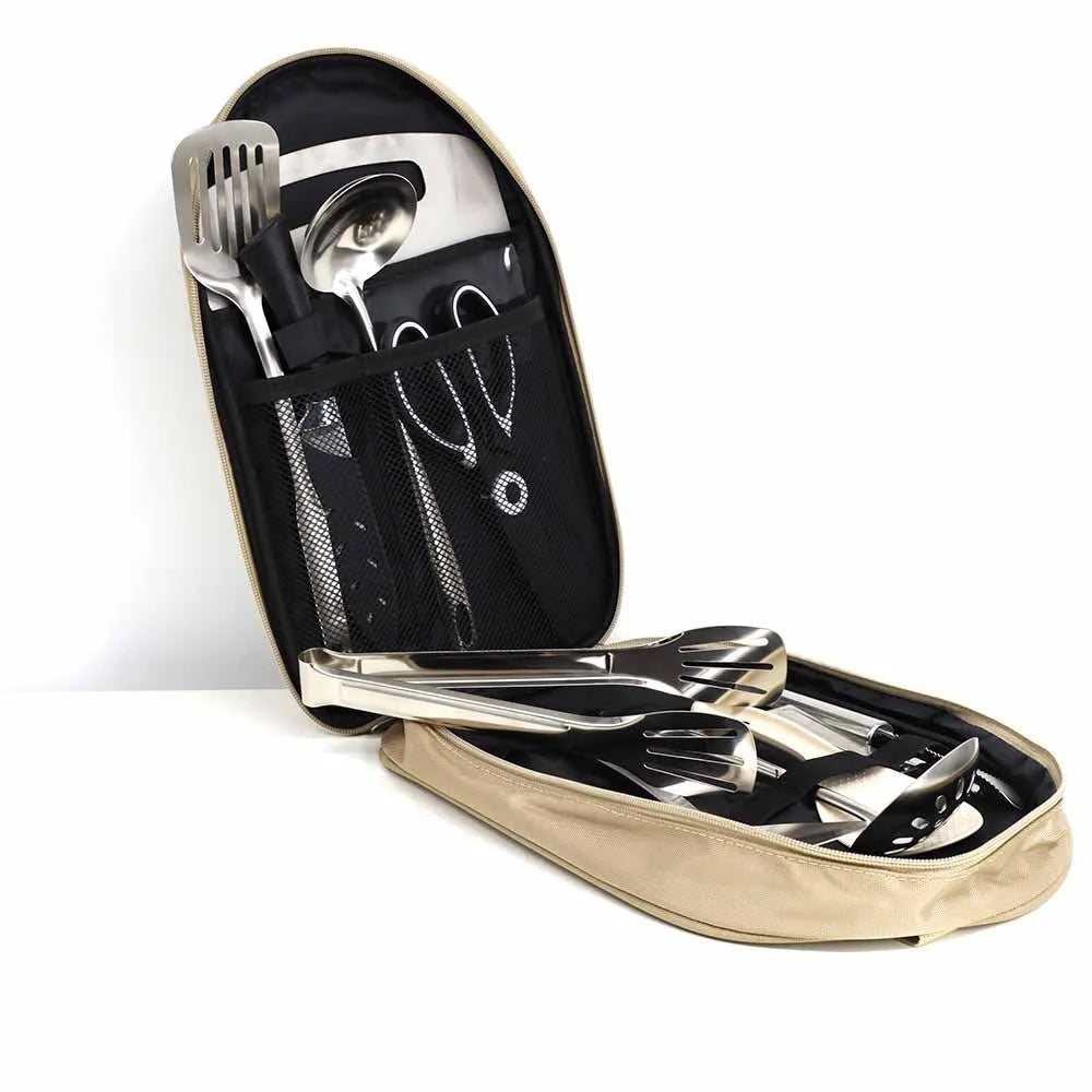 Portable picnic bag containing a 12-piece stainless steel kitchenware set.