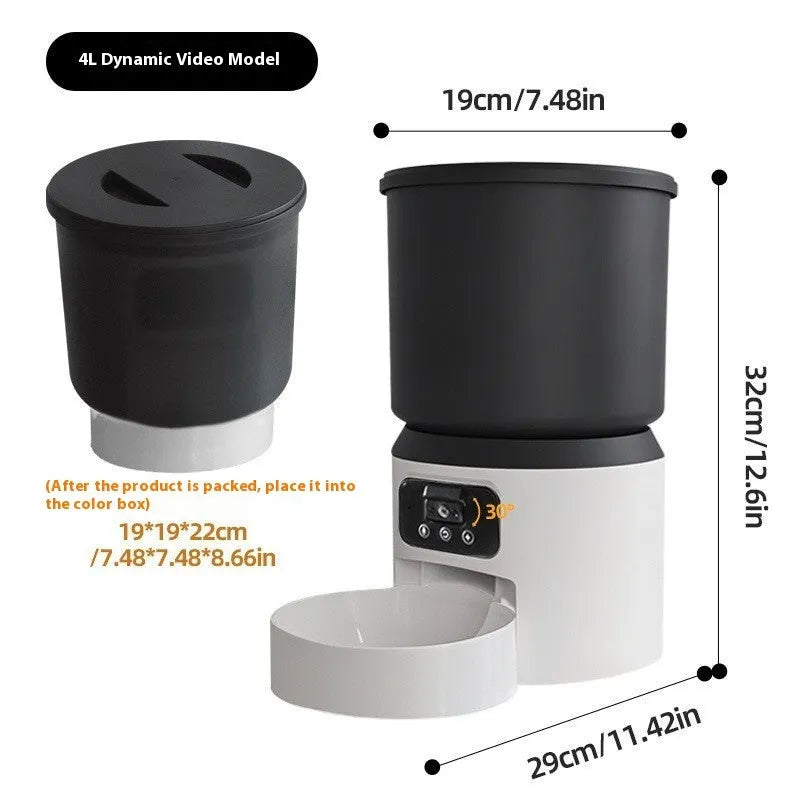 4L smart pet feeder with Wi-Fi and optional camera on a kitchen floor