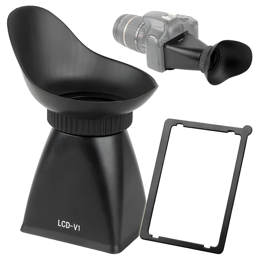 Black camera LCD viewfinder magnifier with magnetic mount for DSLR and mirrorless models