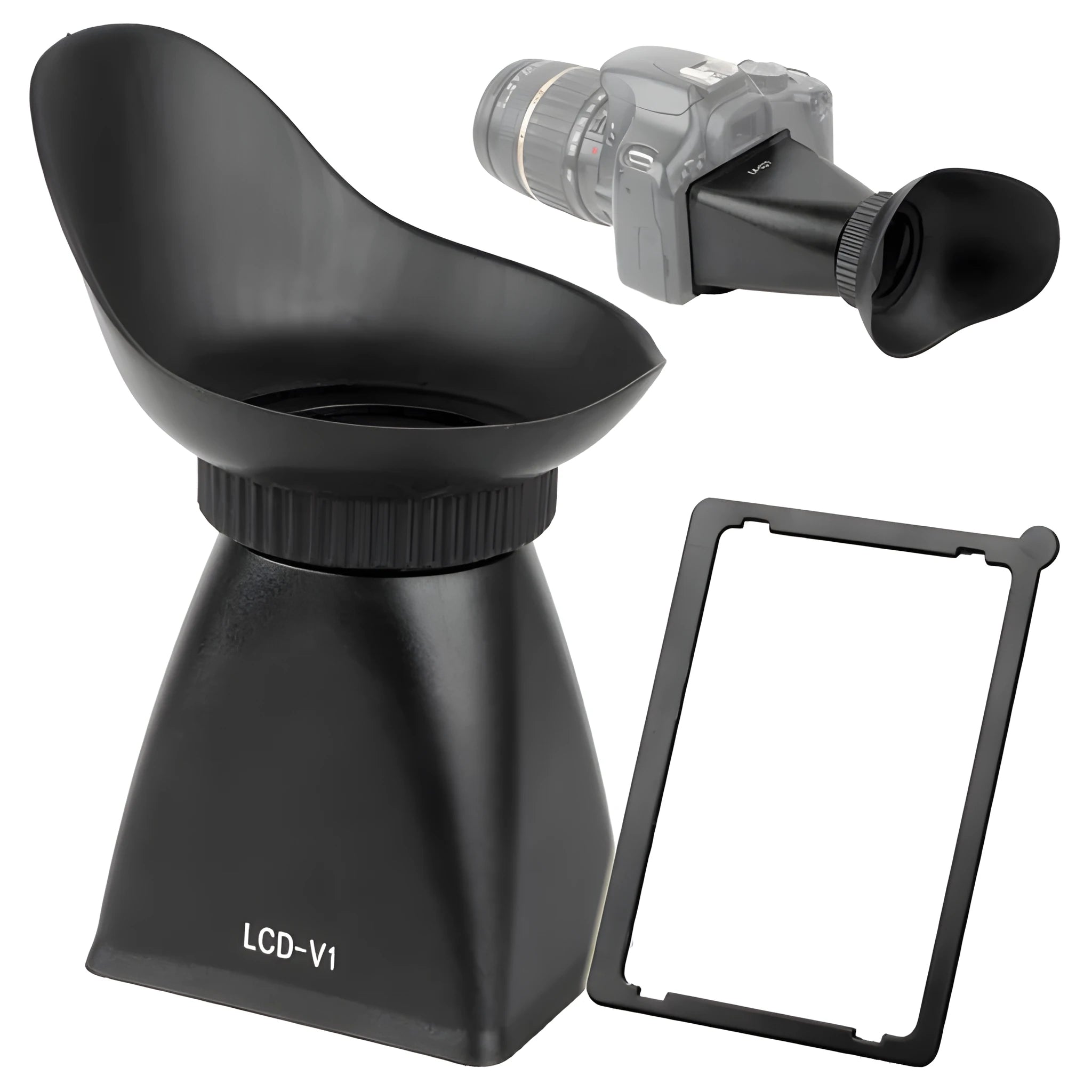 Black camera LCD viewfinder magnifier with magnetic mount for DSLR and mirrorless models