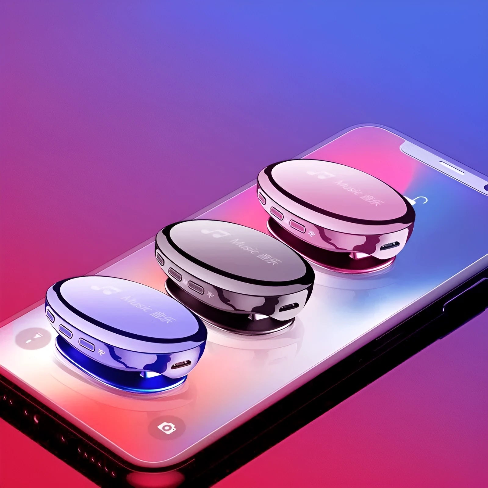 Bluetooth MP4 music player with OLED screen in black blue rose gold colours showing audio format support and 30-hour battery