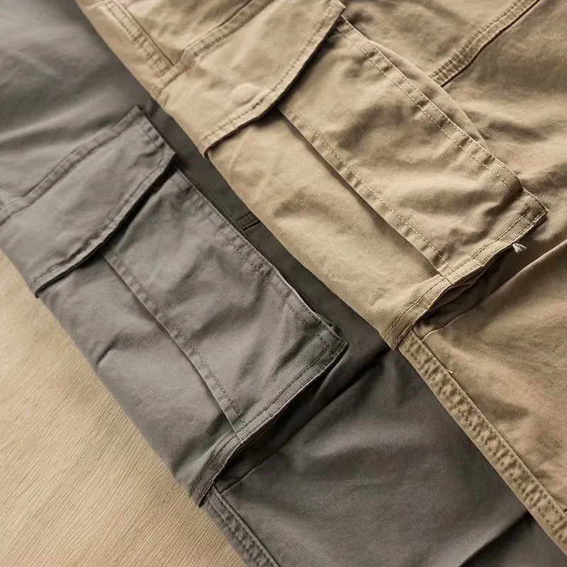 Men's multi-pocket cotton work trousers in solid colour, cropped length, available in khaki