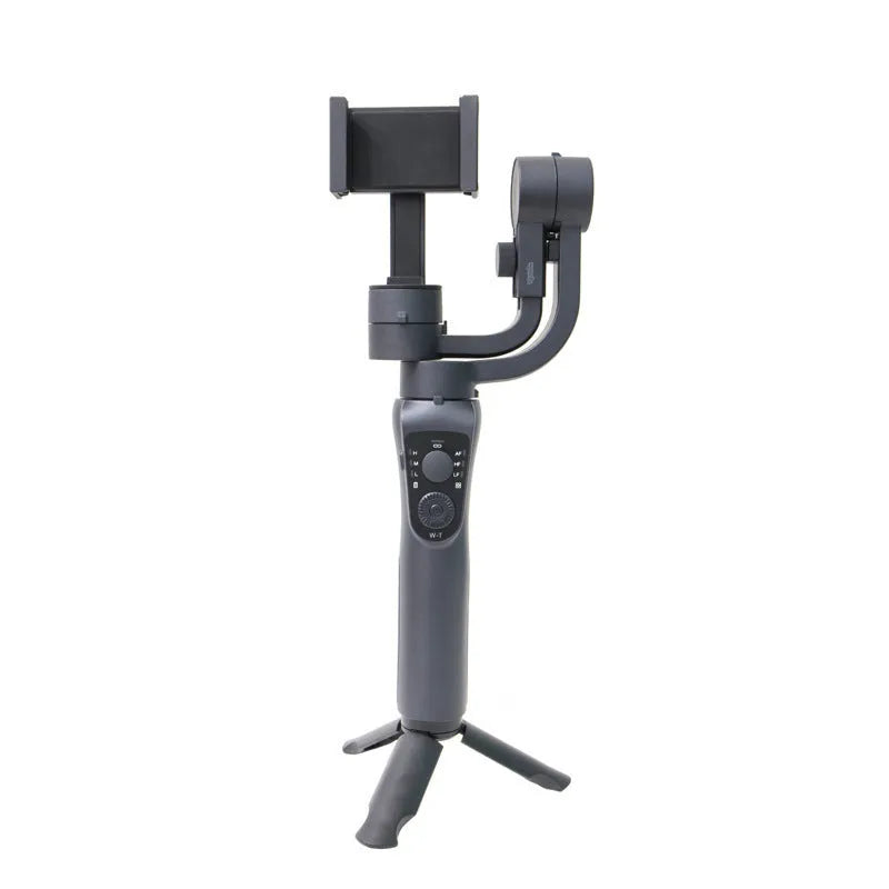 Black three-axis handheld gimbal stabilizer for mobile phones with tripod accessory