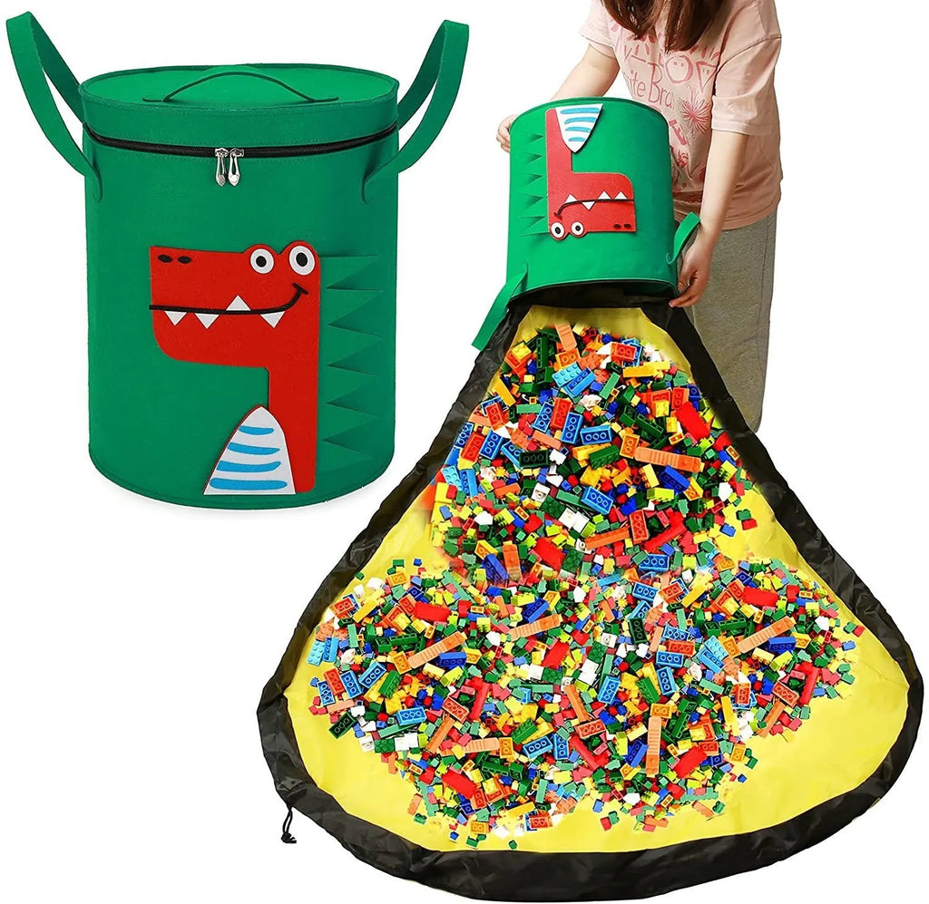 Green felt cube storage bag with pull rope that converts to flat play mat for toy organisation
