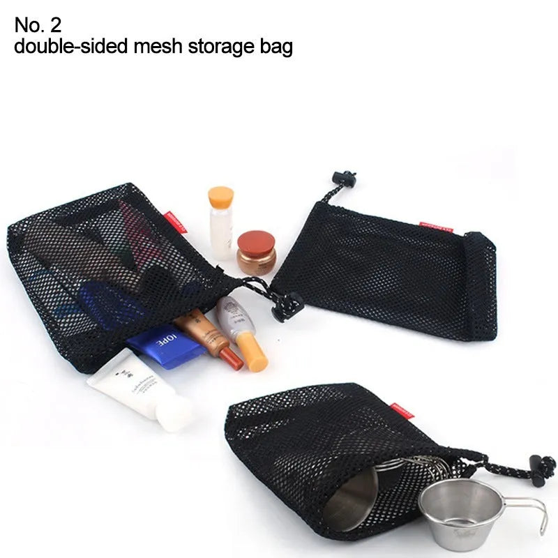 Set of five red outdoor travel storage bags made from Oxford cloth and mesh.