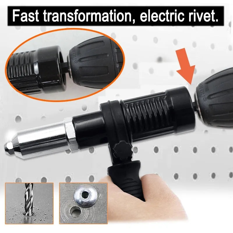Black metal electric drill rivet gun measuring 173mm long with alloy steel forged head.