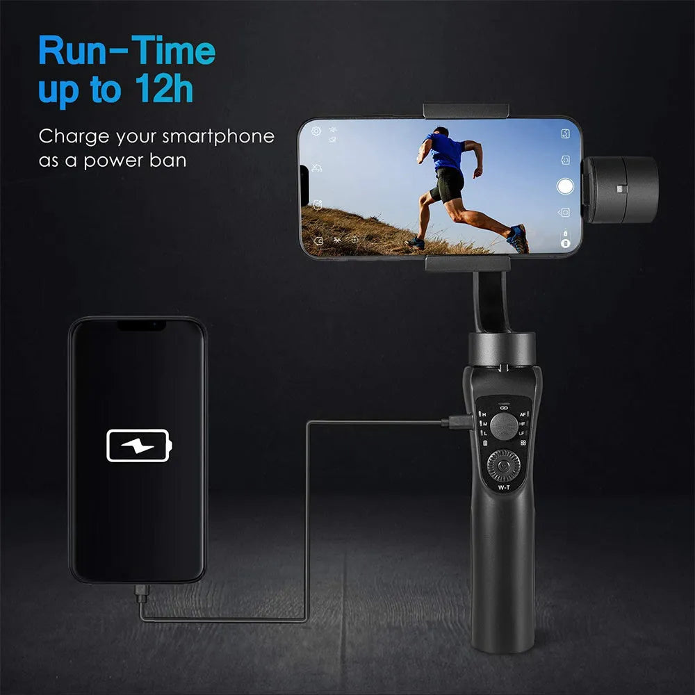 Black three-axis handheld gimbal stabilizer for mobile phones with tripod accessory
