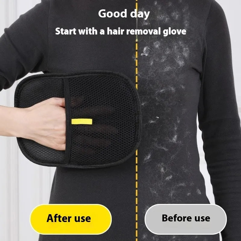 Black pet hair remover glove with silicone bristles for deshedding dogs and cats.