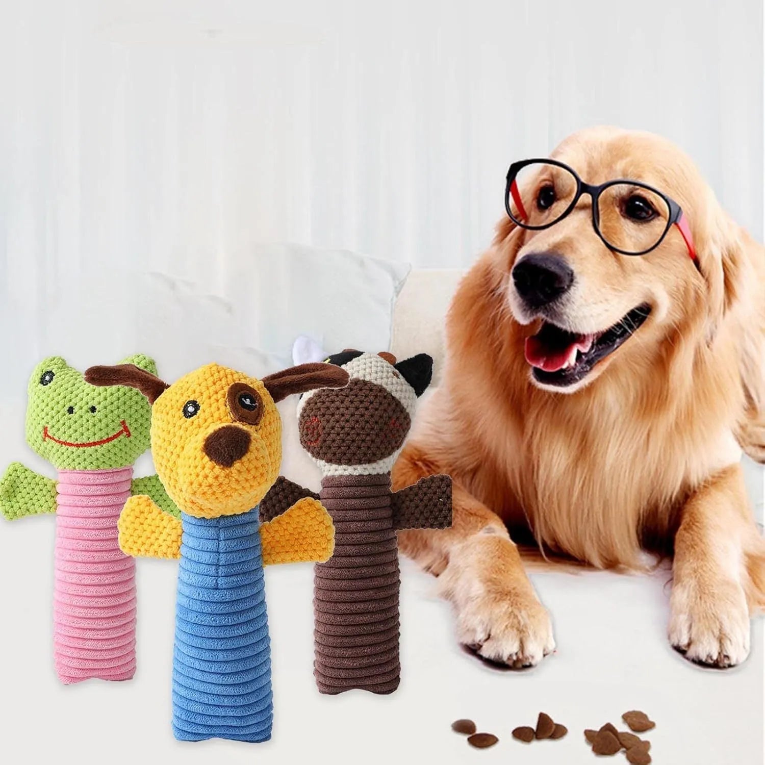 Squeaky stuffed dog chew toy measuring 19cm for dental cleaning and teething relief
