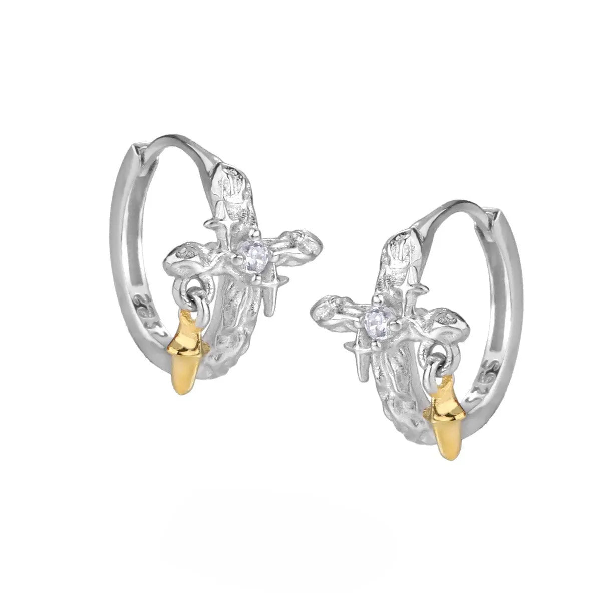 925 silver cross earrings with white gold electroplating and geometric round element design