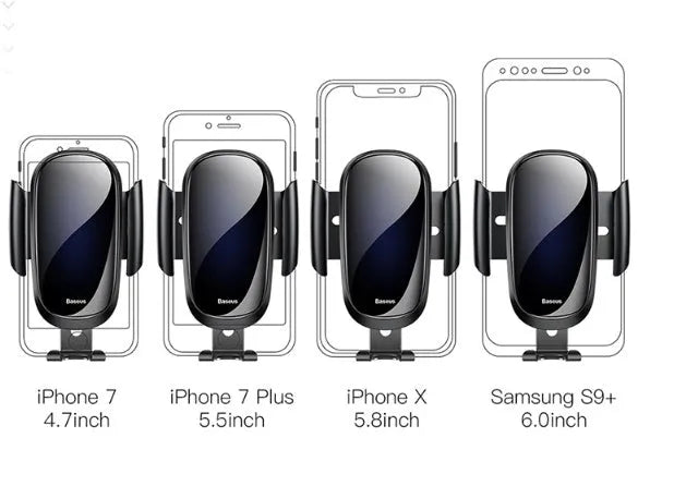 Universal smart car phone mounting bracket shown in black, blue, and silvery colour options on a car dashboard.