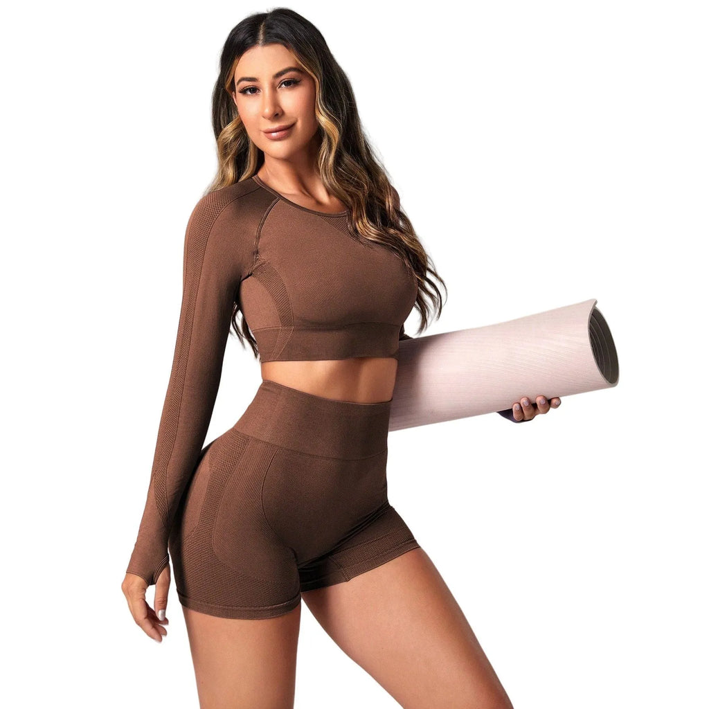Women's high-waist yoga suit with long sleeves in black quick-drying fabric