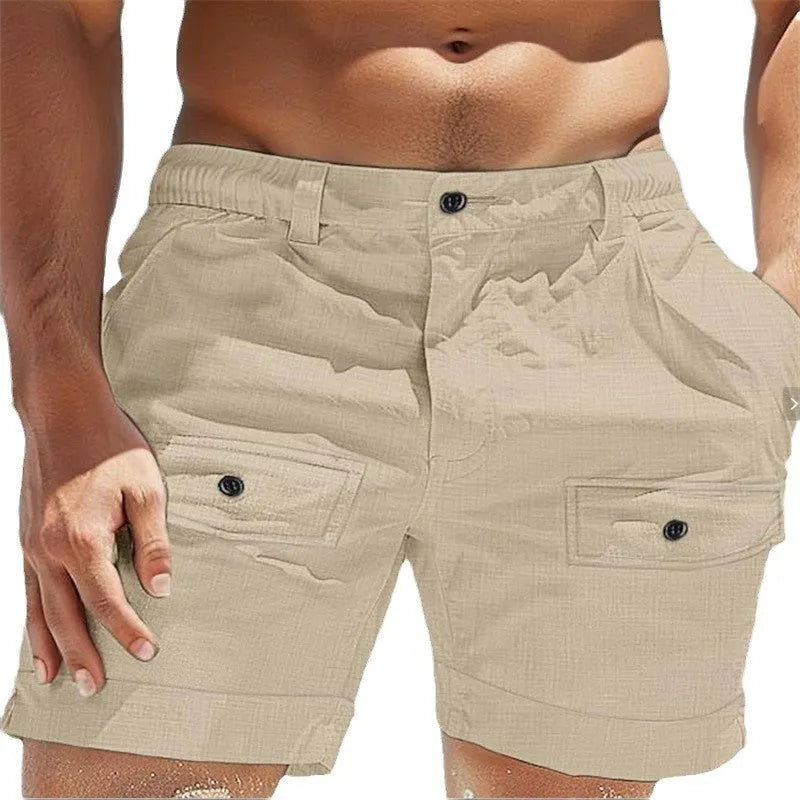 Men's linen beach shorts with button front elastic waist in white and khaki colours sizes M to 3XL