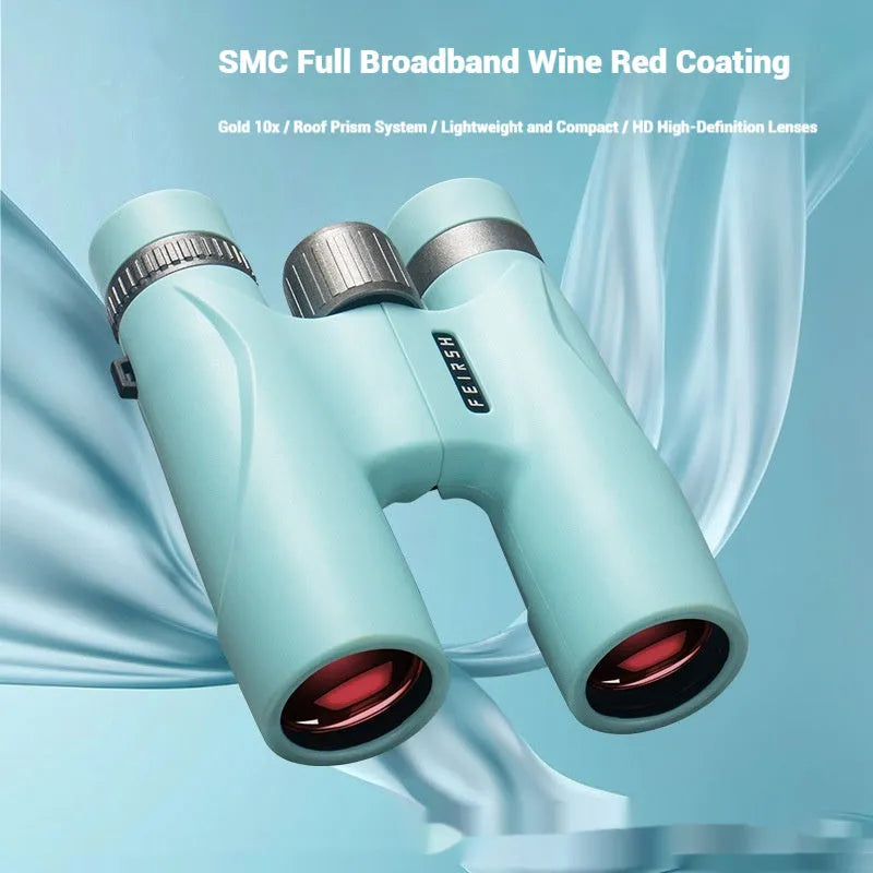 Blue 10x32 binoculars with wine red film imaging showing 16mm eyepiece and 32mm objective lens