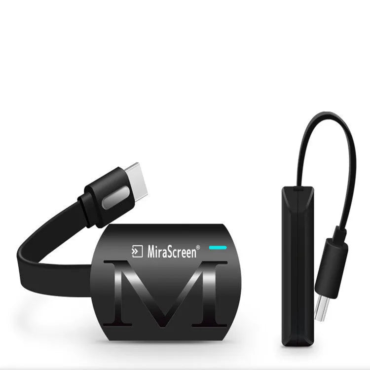 Black USB HDMI dongle for smartphone screen mirroring to television.