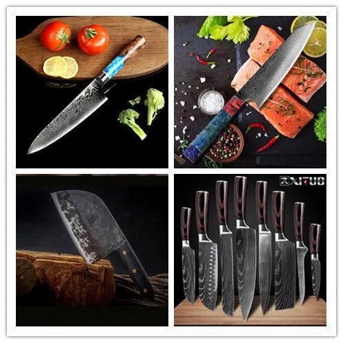 Eight-piece kitchen knife set with chef knife and specialty knives plus two additional standalone knives on a kitchen counter.