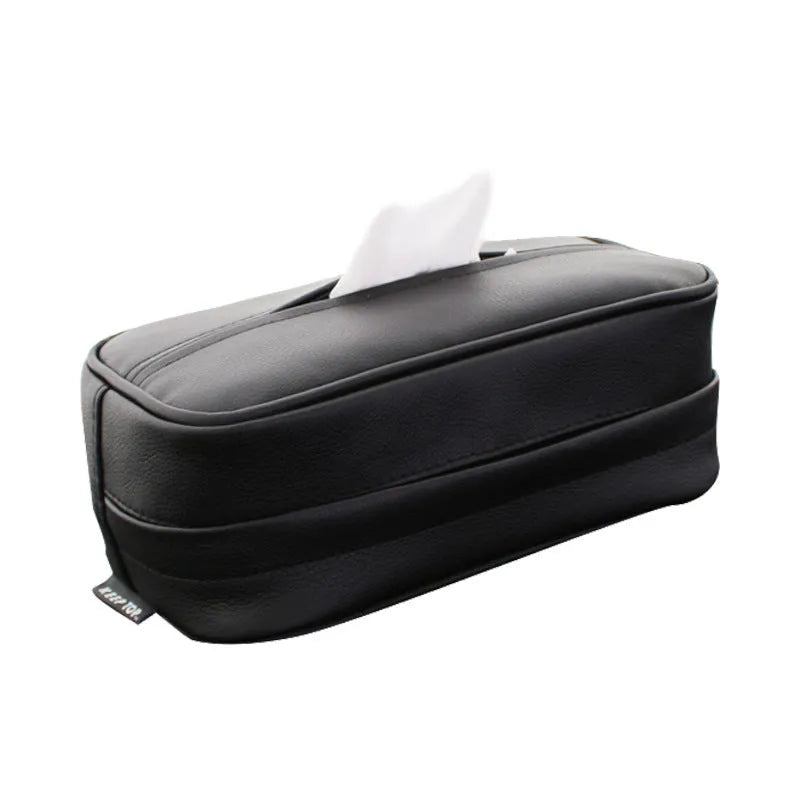 Black leather car hanging storage box with PU strap measuring 23x13x9cm