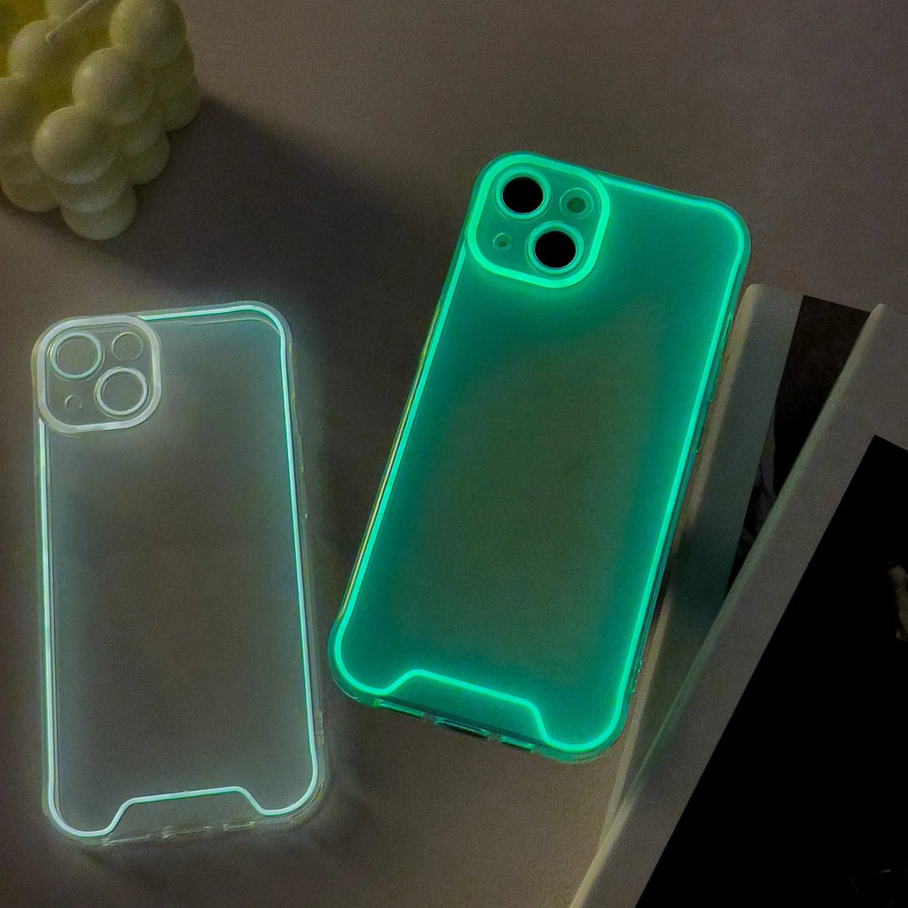 Glow in the dark soft TPU iPhone case shown in green, orange, blue, yellow, and pink colours