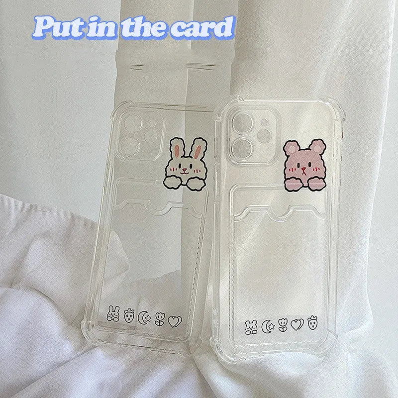 Cartoon design transparent TPU iPhone case with integrated card holder slot.