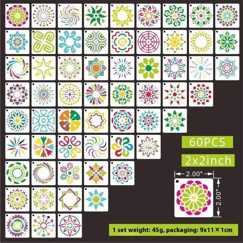 Milky white PET film spray painting stencils showing floral, animal, and letter designs in 2-inch size