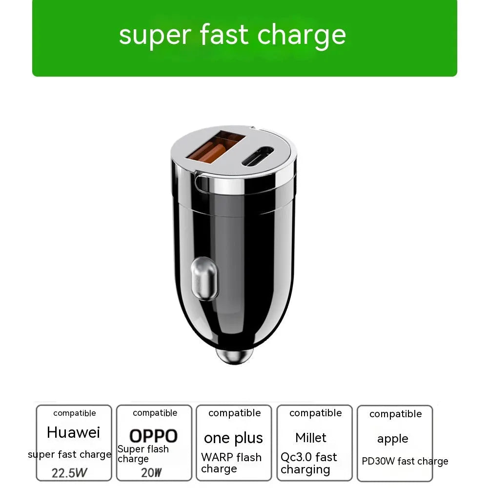 Black 200W super fast car charger with USB output, 38x21x21mm zinc alloy body