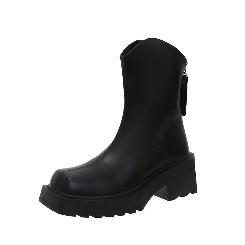 Black square toe platform ankle boots for women with a back zipper and chunky heel.