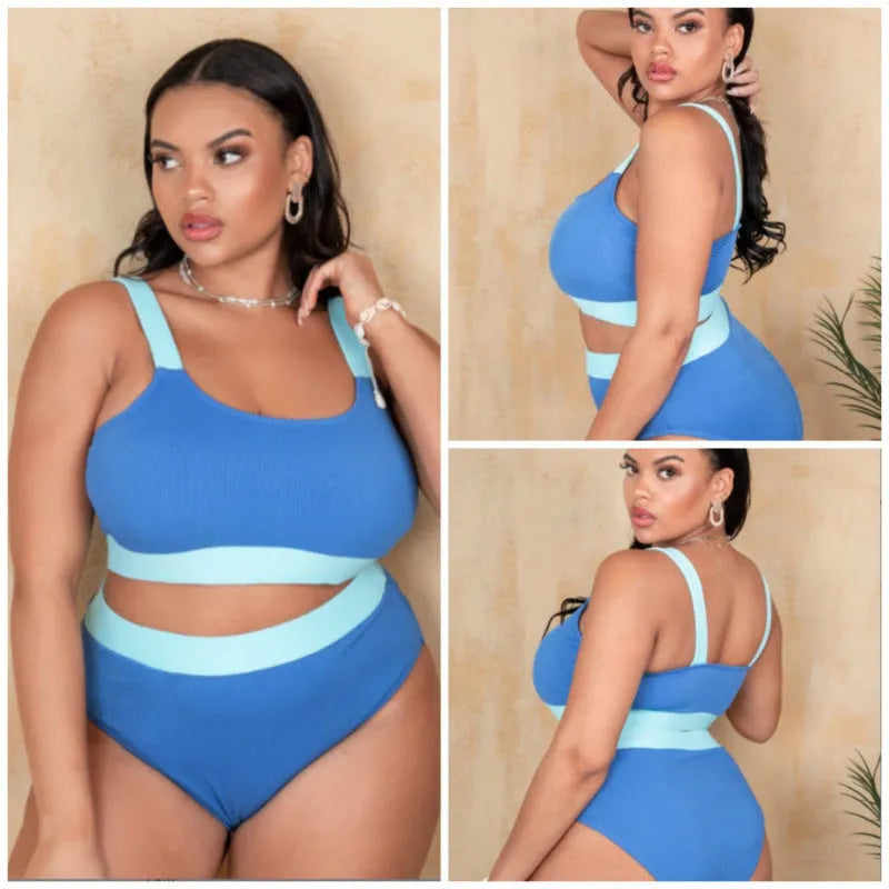 Women's high-waist polyester bikini set with stitching detail and brief cut in assorted colours