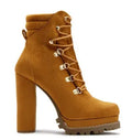 Women's army green suede ankle boots with a thick high heel and round toe.