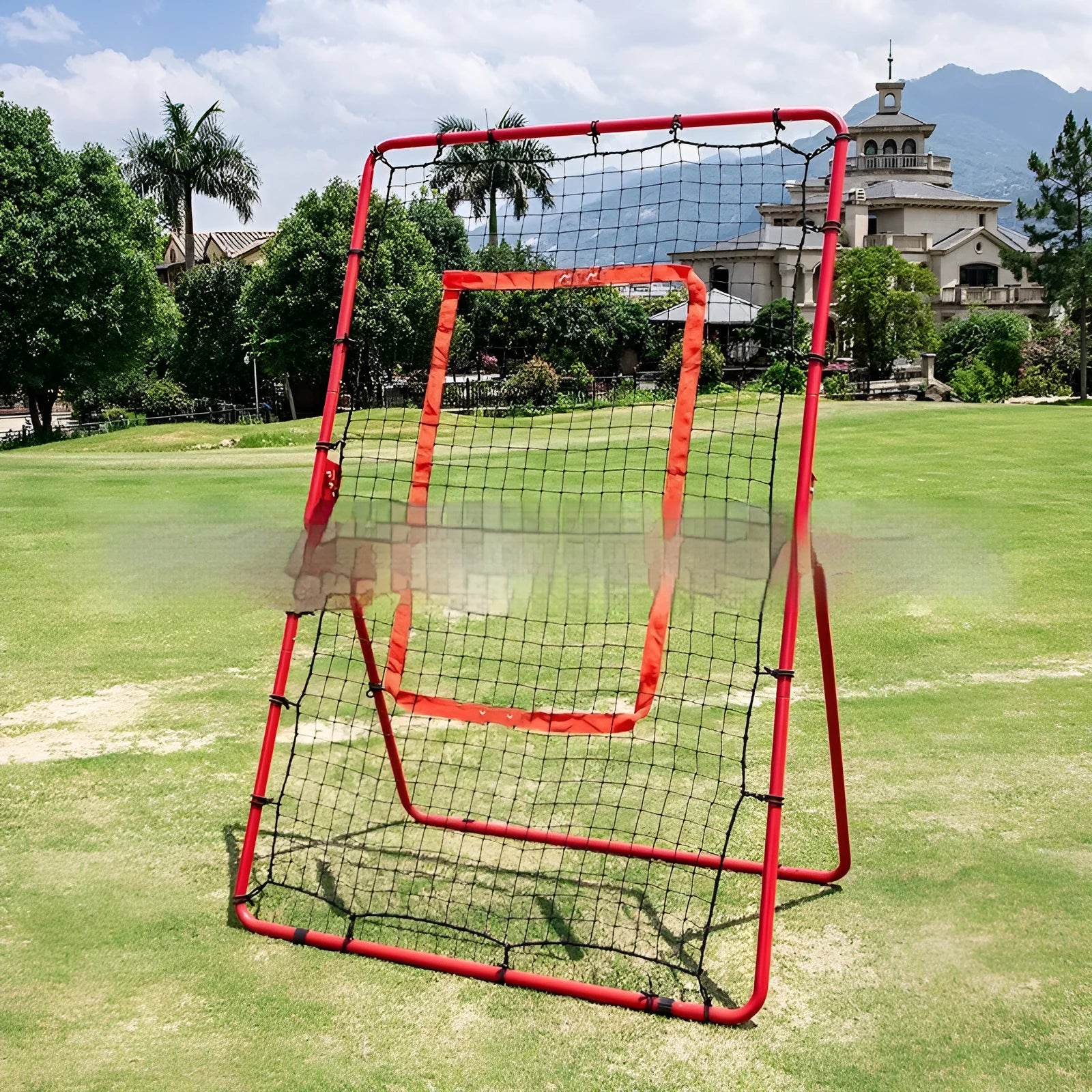 Red adjustable baseball training net with metal frame showing 4x6 feet dimensions