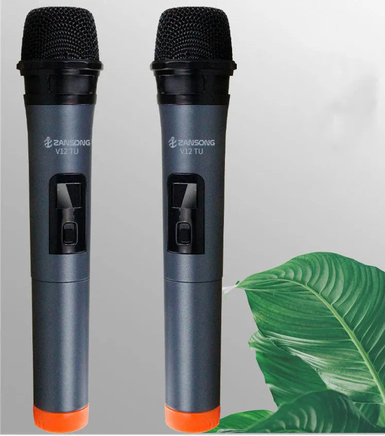 Black ZANSONG V12 dynamic wireless handheld microphone with USB receiver and audio cable.
