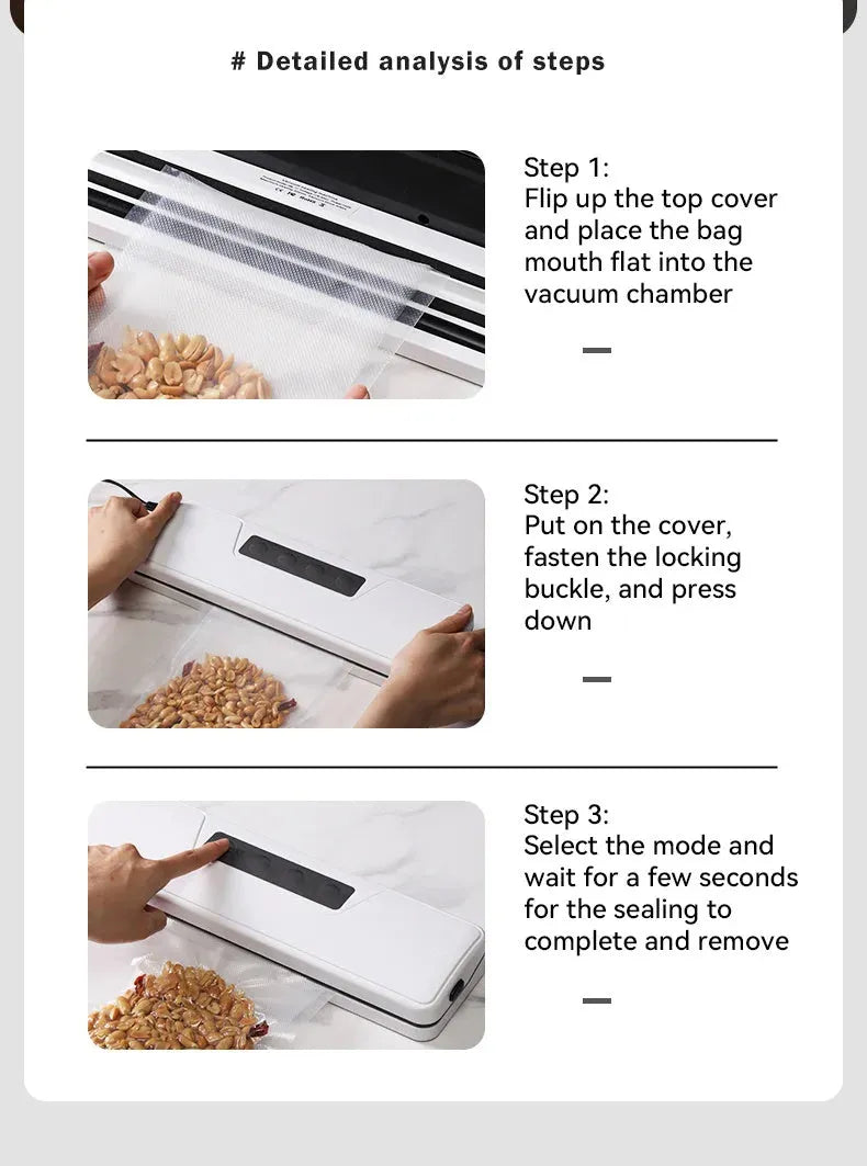 White automatic vacuum sealer machine for household food preservation on a kitchen counter.