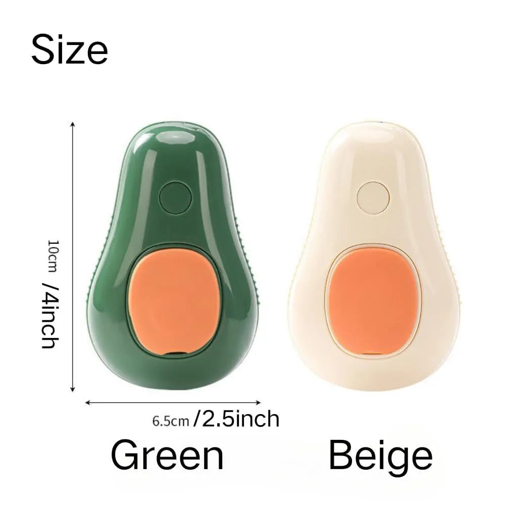 Green and white rechargeable cat steam brush with silicone bristles and water spray nozzle.