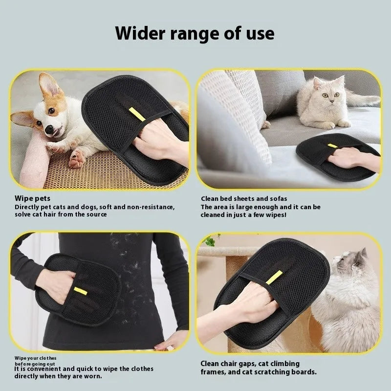 Black pet hair remover glove with silicone bristles for deshedding dogs and cats.