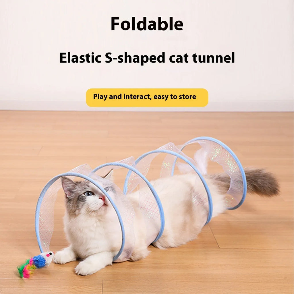 Pet cat tunnel made of steel wire and elastic net with feather attachment in mixed colour
