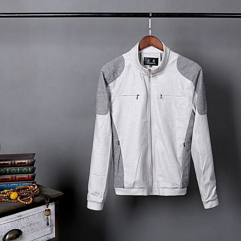 Men's thin linen jacket in heather gray, grass green, or blue, made from cotton, showing colour-matching pattern.