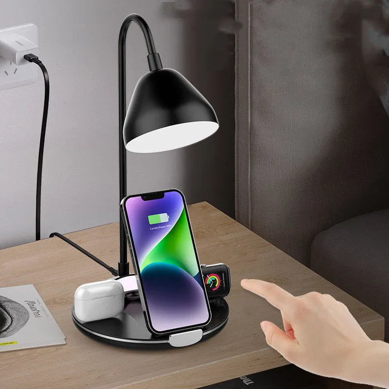 Black magnetic folding wireless charger showing both flat and upright positions with smartphone attached