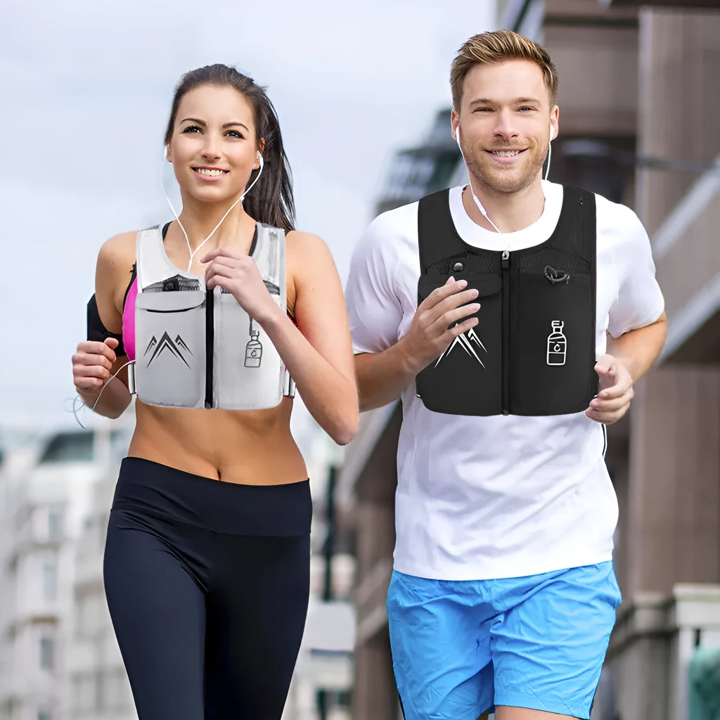 Breathable mesh running vest with mobile phone compartment in classic black colour