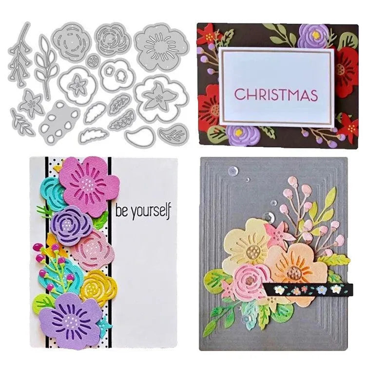 Silver carbon steel flower die for paper cutting, 14.3 x 9.9 cm etched floral design