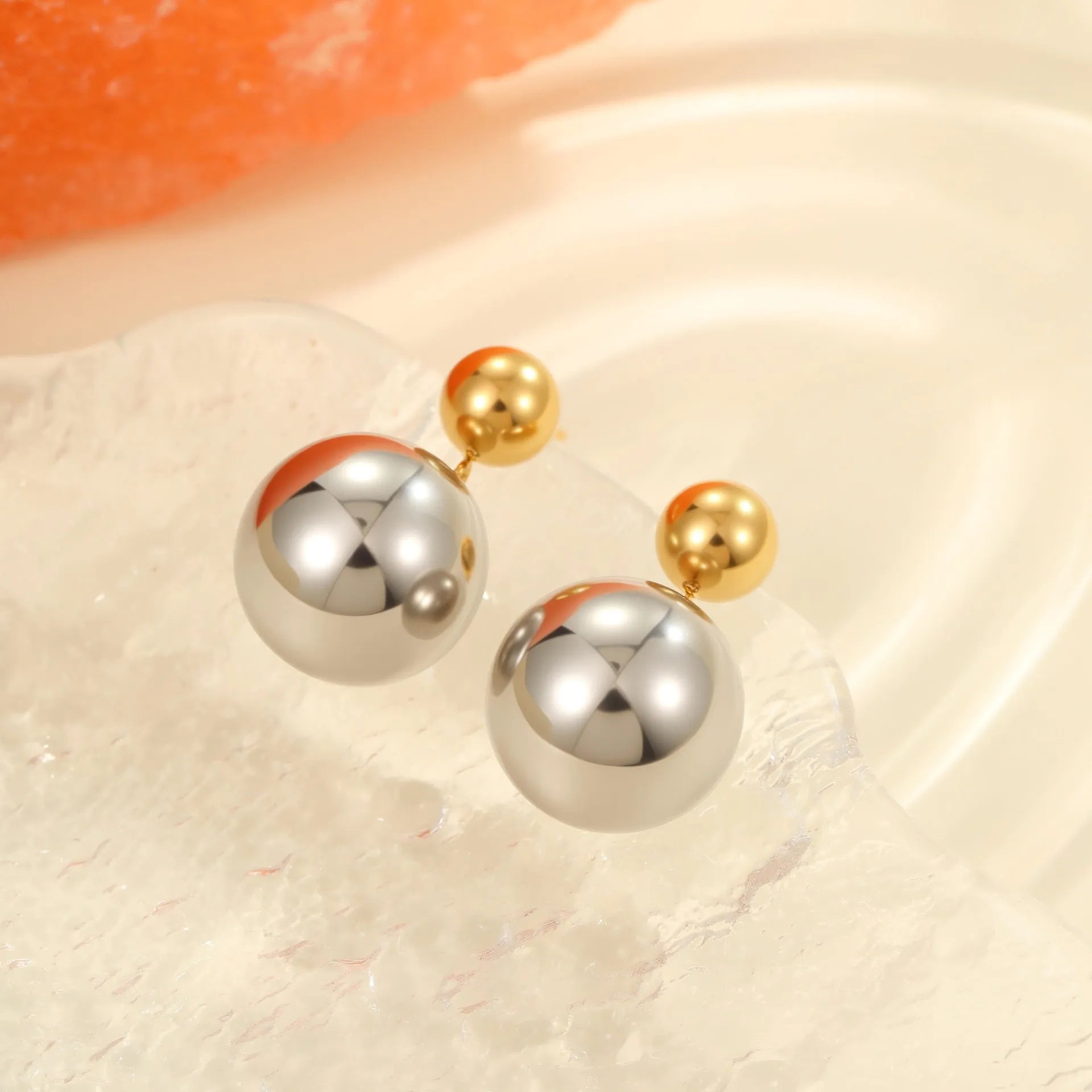 Stainless steel colour-block ear studs with round bead design and 18K electroplated finish