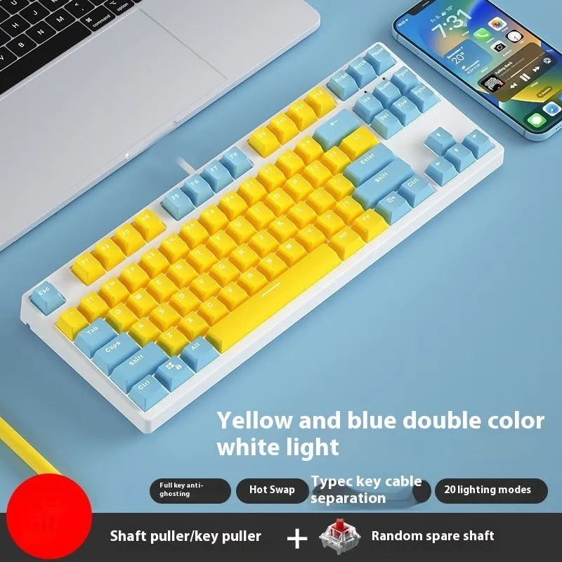 87-key wired mechanical gaming keyboard with colourful keycaps on a metal frame, shown with key puller and cable.