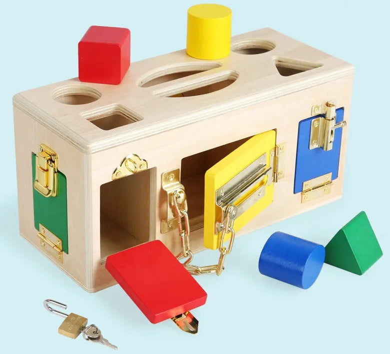 Wooden shape sorting puzzle box educational toy for preschool children