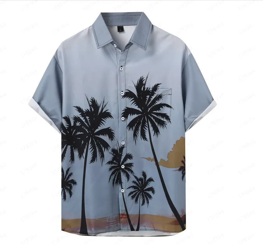Hawaiian men's 3D printed short-sleeved cardigan shirt in green and blue tropical pattern, front view