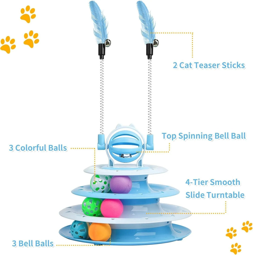 Interactive cat toy with 4-tier carousel, 6 toy balls, bell ball, and 2 teasing rods on a non-slip base