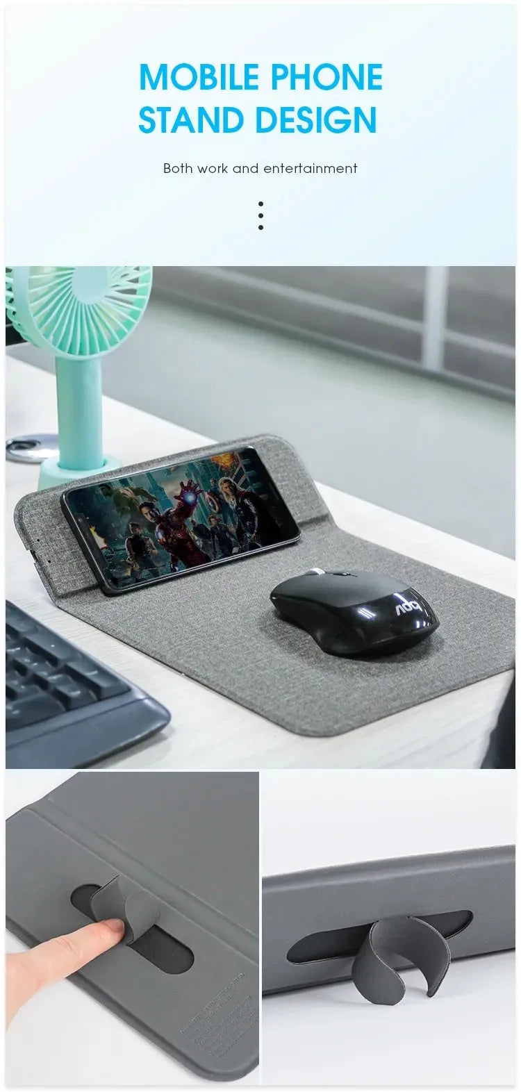 Foldable black and grey fabric wireless phone charger showing both flat and upright positions