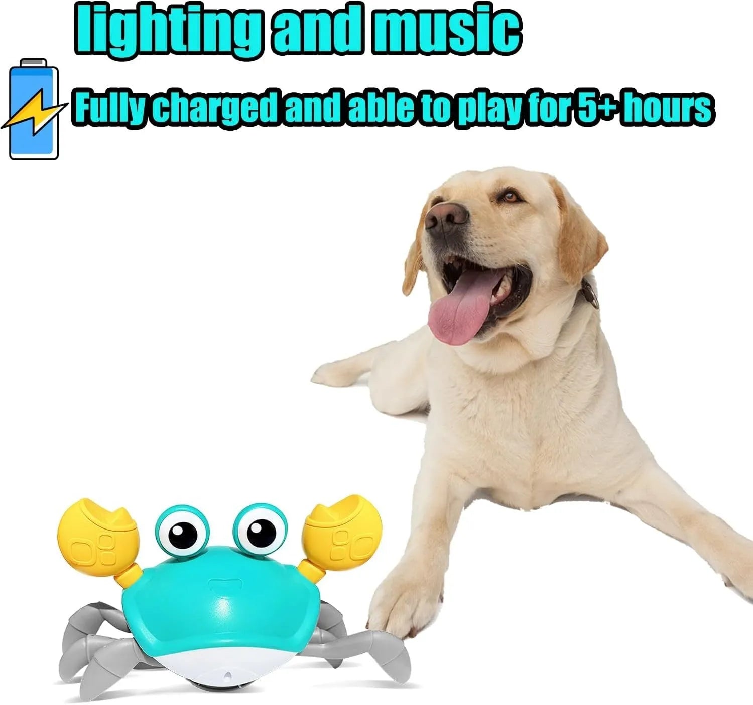 Blue interactive crawling crab dog toy with electronic sensors for obstacle avoidance