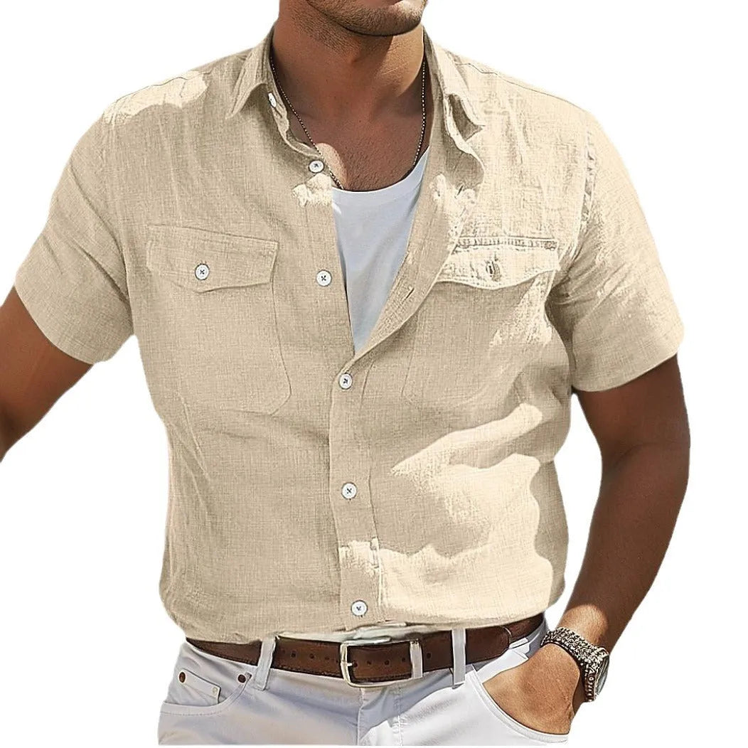 Men's cotton linen shirt in loose fit with polo collar, shown in solid colour options